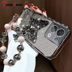 3D Butterfly Phone Holder Bead bracelet Glitter Plating Case for OPPO Reno 8 7 Pro Plus 4G 5G Back Cover