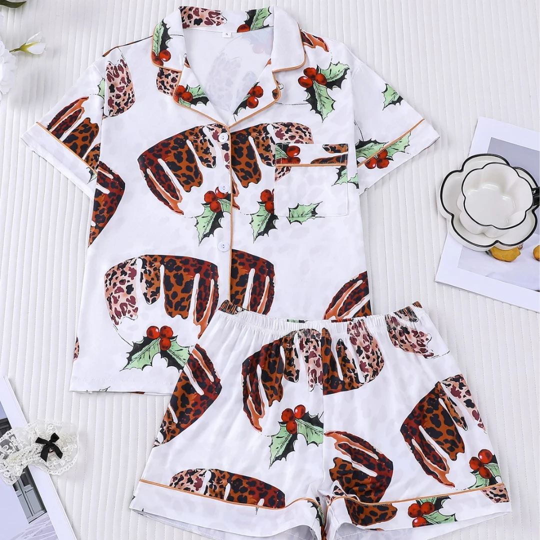 

White Women Pajama Set Easter Themed with Monstera Print Lapel Shorts sleeved and Shorts Pants Home Wear Gifts