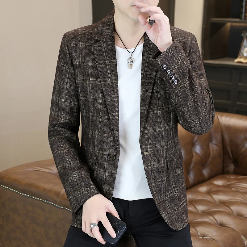 

Blazer's New Men's Fashion Outdoor Travel Camping Youth Wedding Hosting Campus Slimming Casual Checkered Korean Version Blazer