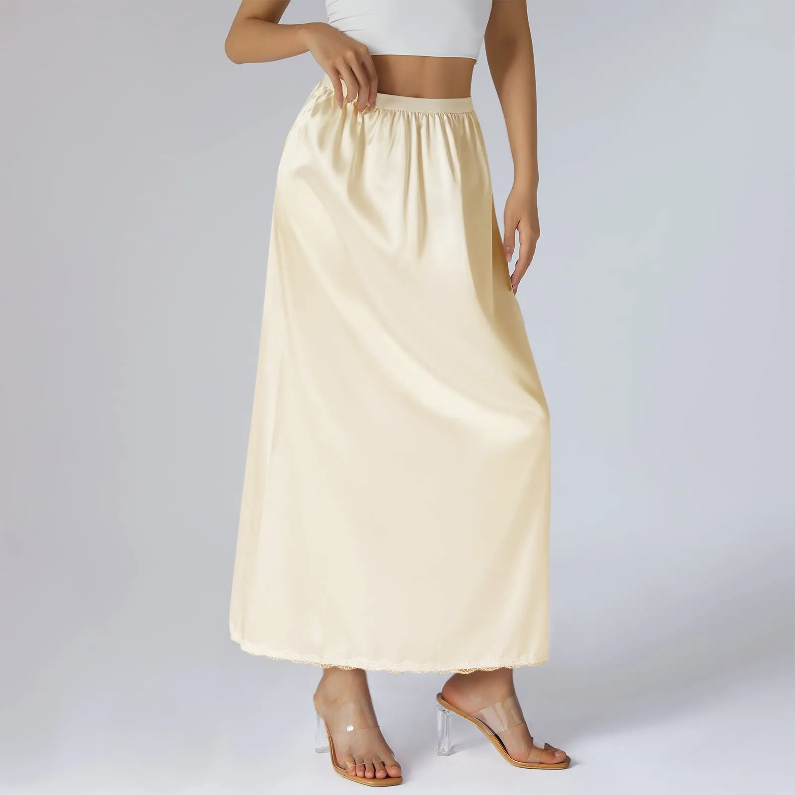 2024 New Women´s Half Slip Underskirt Solid Color Elastic Waist Inner Lining for Midi Skirt Long Beige Underskirt for Ladies