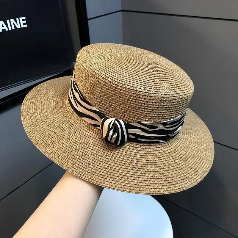 

Women's Flat Top Straw Hat, French Retro Zebra Print Summer Sun Hat, Woven Breathable Cap for Outdoor Beach Vacation