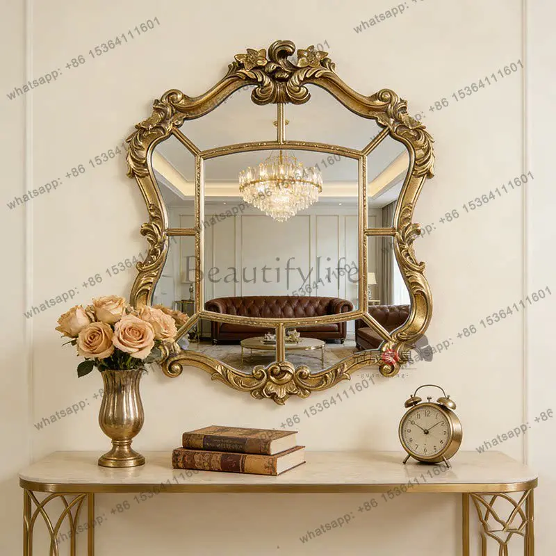 European retro bathroom mirror wall hanging living room entrance fireplace American special-shaped carved smart makeup mirror