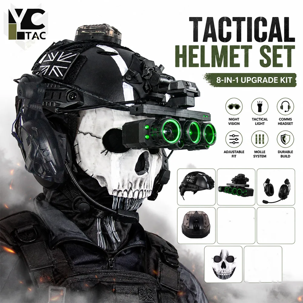 YCTAC Call of Duty 19 Tactical Helmet Set with Night Vision Goggles Model Headset Skull Mask for Airsoft Game Paintball Cosplay