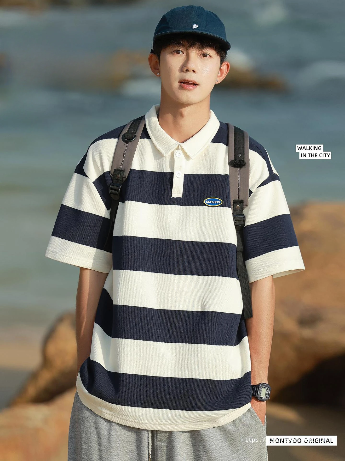 

Men's 2024 New Summer Style Striped Design Loose and Versatile College Style Trendy Three-quarter Sleeves