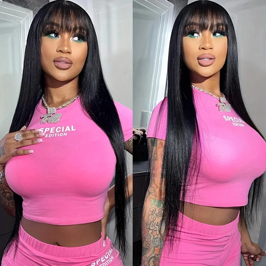 3x1 Middle Part Lace Wig Straight Human Hair Wig With Bangs 100% Human Hair Wigs Brazilian Straight Wig Full Machine Made Wig