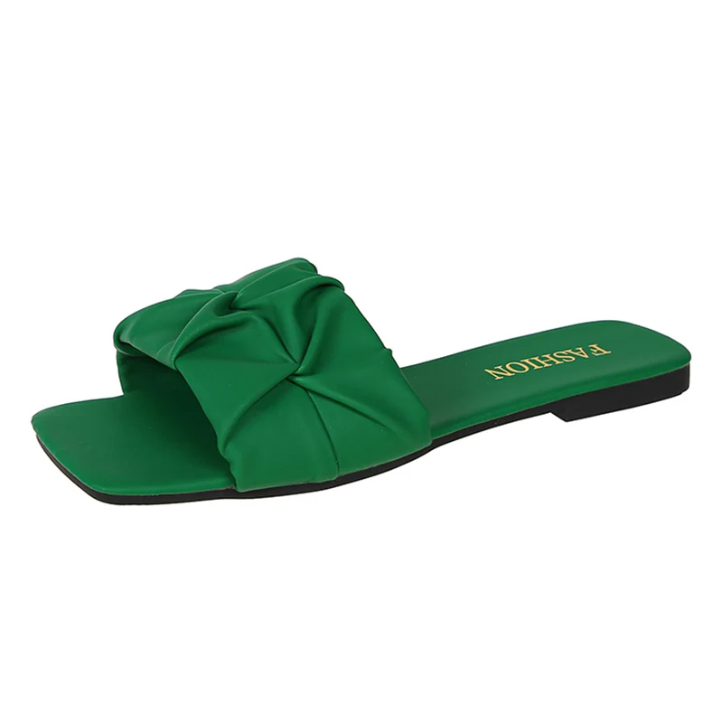 

Summer Slippers for Women Flip Flops Flats 2025 New Pleated Korean Slippers Women Sandals Green Slip on Shoes Big Size 35-42