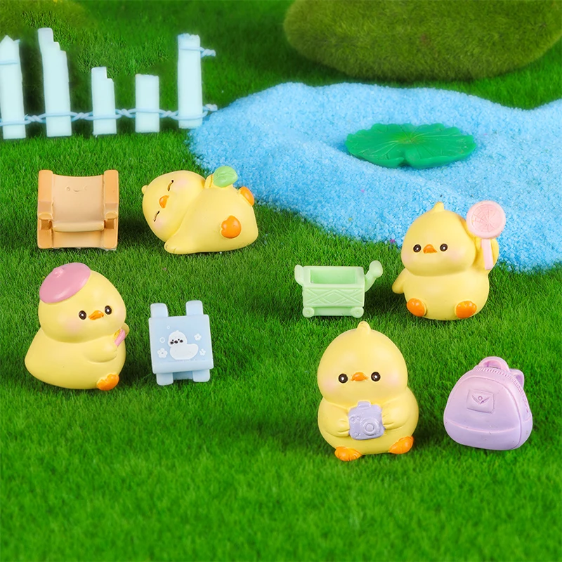 1pc Cute Mini Spring Outing Duckling Ornament Cartoon Animal Micro Landscape Model Car Interior Home Desktop Decoration Gifts