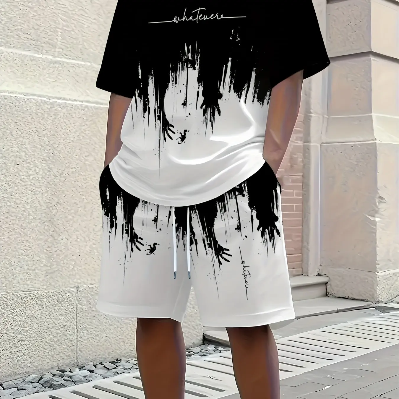 

Hot-selling Letter Printing T-shirt Shorts Set Breathable Comfortable Quick Drying Casual Fashion Men's Suit Black and White