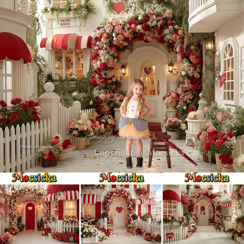 Mocsicka Valentines Day Flower Shop Backdrop Photography Red White Striped Floral Garden Background Kid Photo Shoot Studio Decor