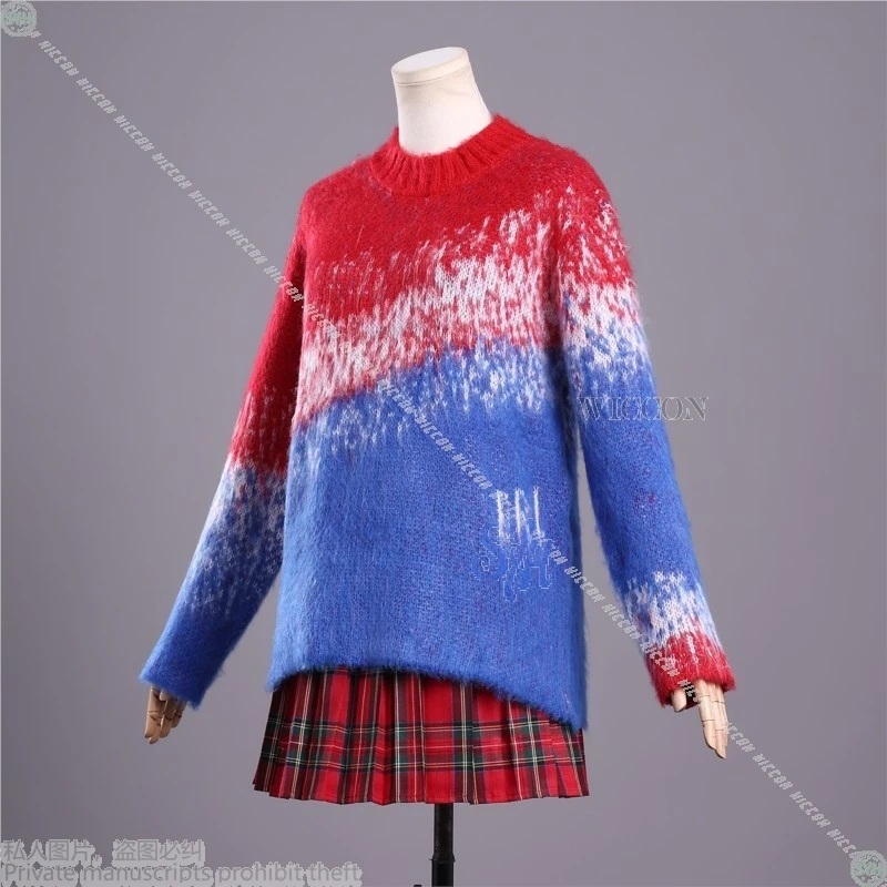 Anime Horror Bohaterka Cosplay Czerwono-Niebieski Gradientowy Sweter Styl Harajuku Jirai Kei Mini Sukienka dla Dziewcząt Wysoka Jakość Strój na Halloween
