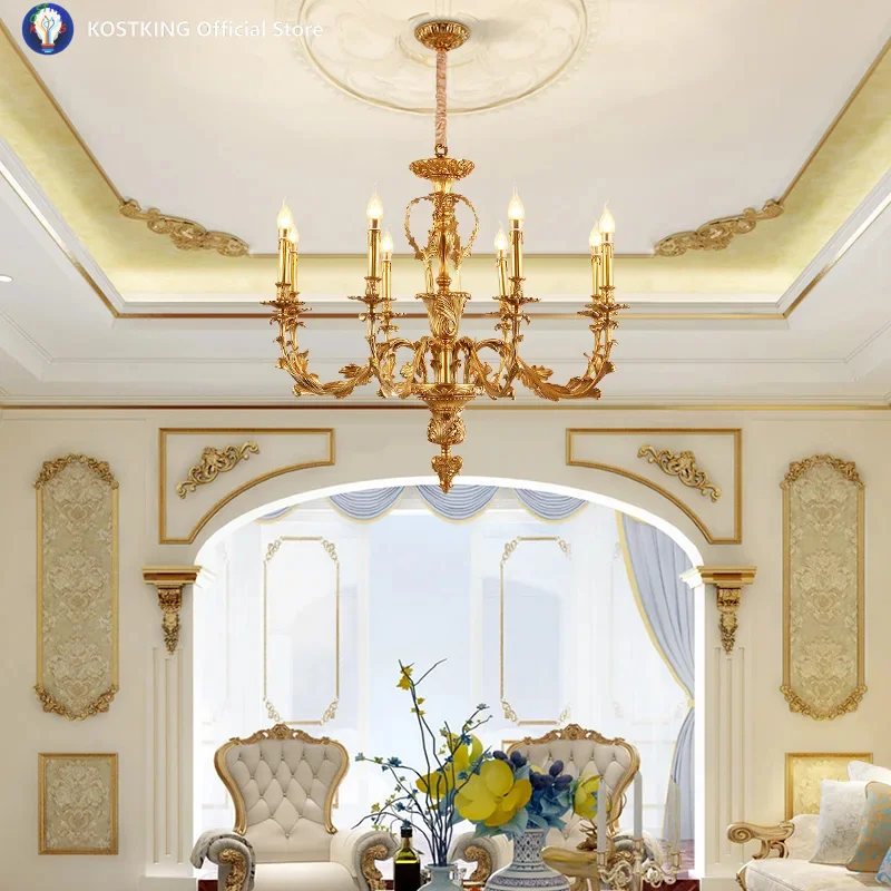 European Vintage Living Room Dinning Room Brass Carve LED Pendant Light French Luxury Villa Decoration Copper Candle Chandelier