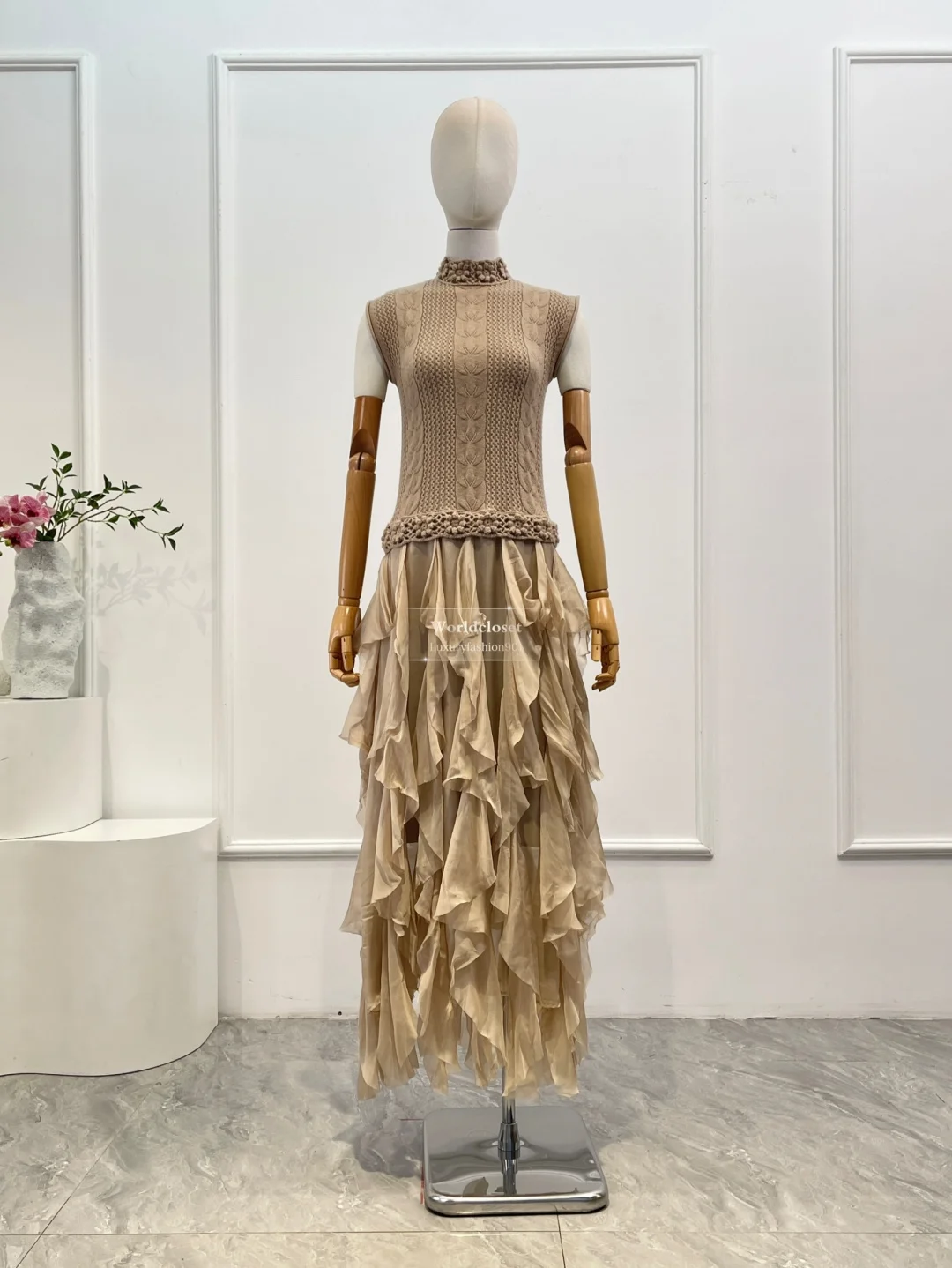 Robe mi-longue marron clair, sans manches, en tricot, crochet, fleurs, Patchwork, volants, bord, nouvelle mode, 2025