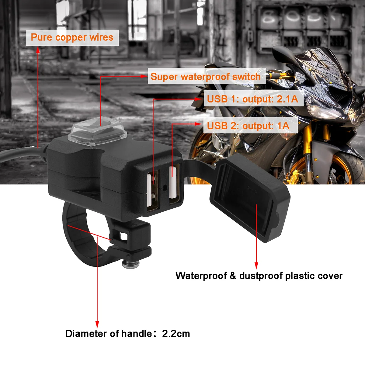 USB Motorcycle Handlebar Rear Mirror Waterproof Dual Ports 31A Fast Charging Power Socket Adaptor with for Motorcycle