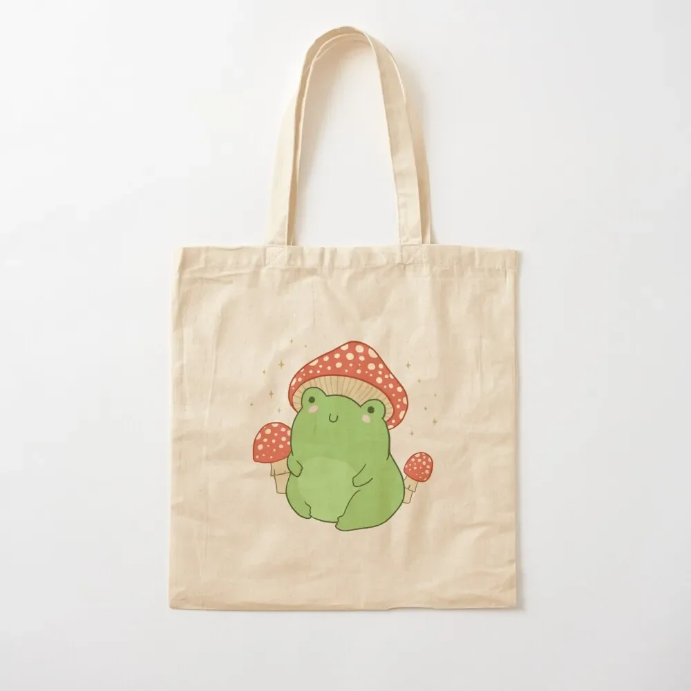 

Kawaii Frog with Mushroom Hat: Cottagecore Aesthetic Froggy, Chubby Toad in Forest Themed Fantasy Toadstools Tote Bag