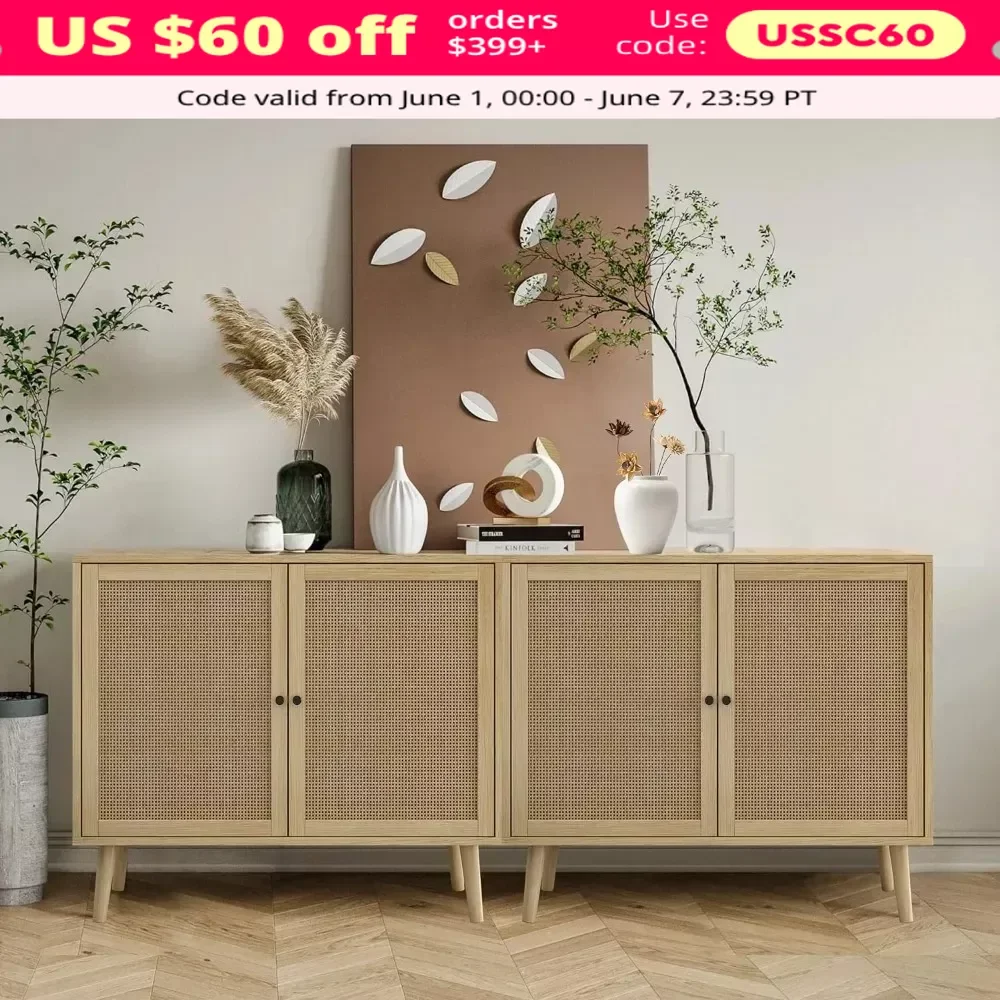 

Living Room Cabinets, Furniture, Rattan Side Panels,Storage Cabinet Console Table, with Adjustable Shelves, Living Room Cabinets