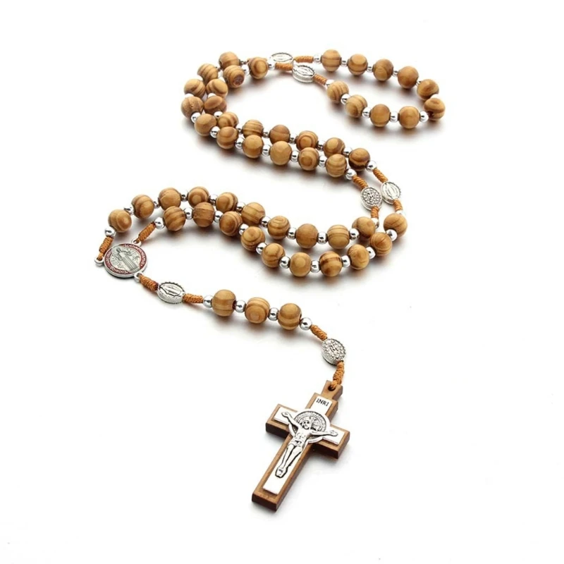 10mm Wooden Beads Catholic Rosary Necklace Christian Religious Jesus  Pendant Praying Jewelry for Men Women Gift B03E