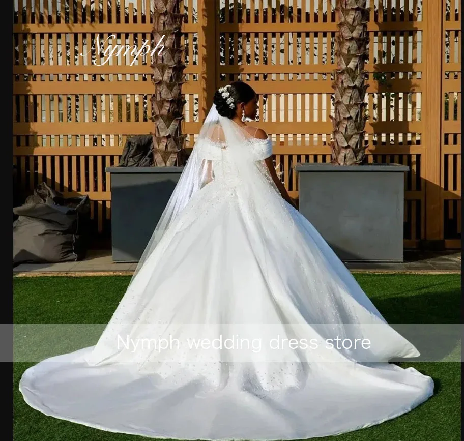 Personnalisé hors épaule travail à la main perles Robe De mariée Satin pays Robe De bal balayage Train Robe De Mariée robes De mariée vestidos