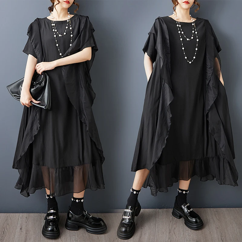 

Summer New plus Size Loose Fashion Mesh Splicing Uneven Design Color Dress Dark Style Polyester Fiber Shoulder Insertio...