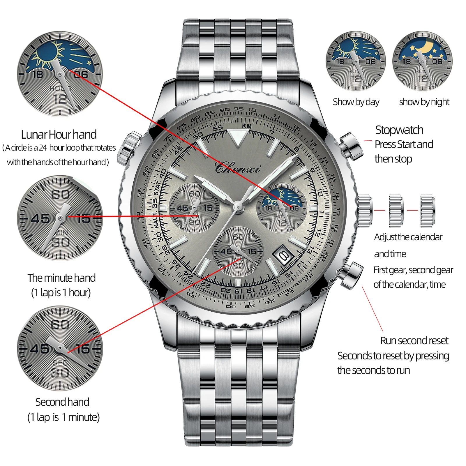 【mooncho】 CHENXI 928 Luxury StopWatch Moon Phase Waterproof Male Clock