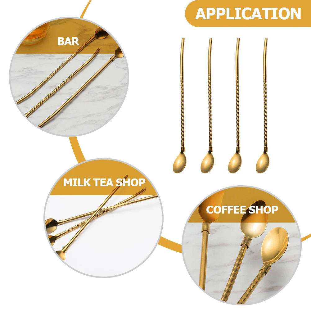 

4Pcs Straw Spoon Stainless Steel Reusable Drinking Ice Cream Coffee Dessert Spoons Golden