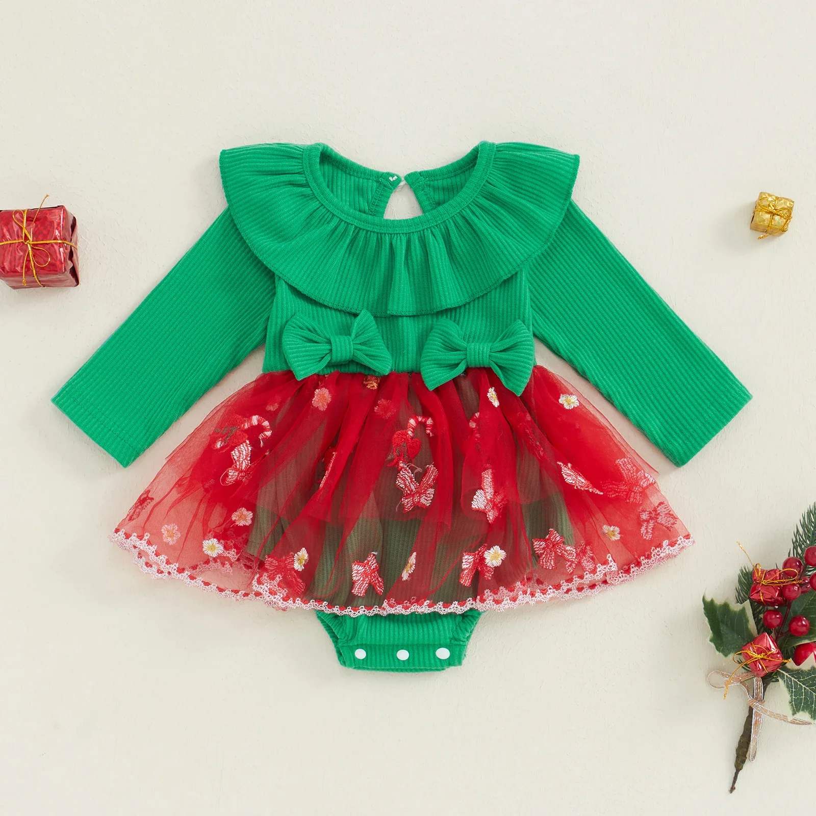 

Children Baby Girls Long Sleeve Bodysuits Christmas Mesh Ruffles Rompers Dress Toddler Embroidery Round Neck Cotton Overalls