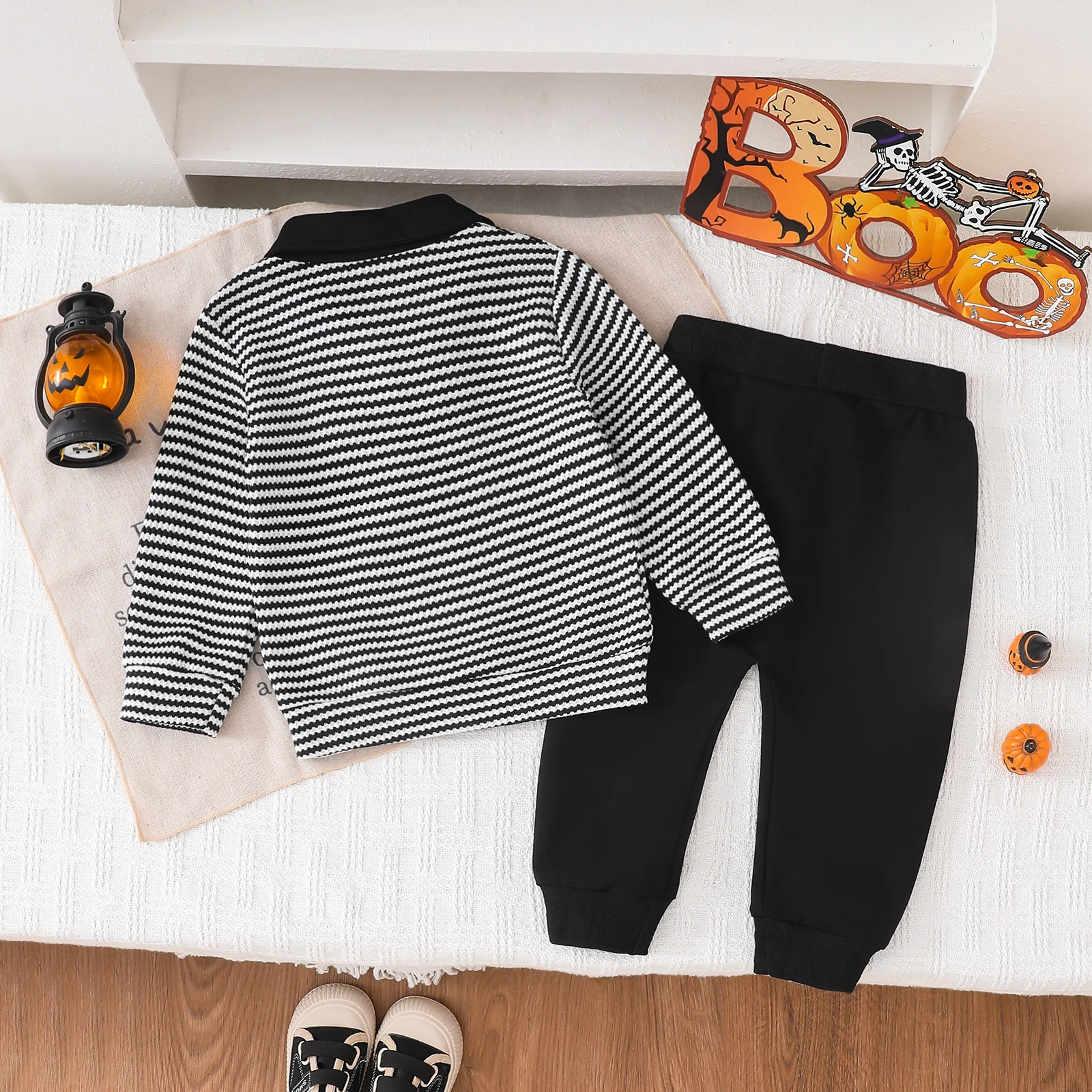 Autumn and Winter Mid-Sex Infant Striped Ghost Embroidery Open Chest Long Sleeve T-Shirt & Black Trousers Two-piece Halloween