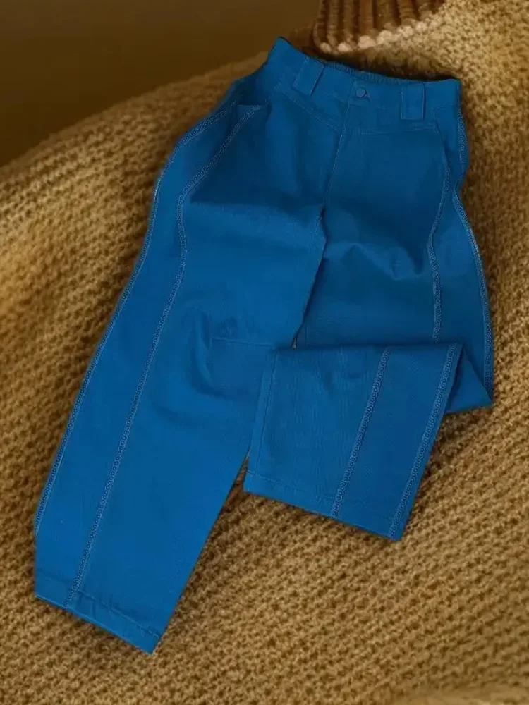 

Slim Fit Outdoor Mountain Brown Work Pants Women's Denim High Waist Wide Leg Casual Style Spring Fashion Trend Blue Color