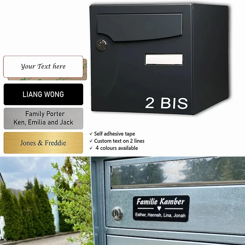 WLP مخصص كلاسيكي أسود اللون شعار النص محفورة لاصق صندوق البريد 70*20 مللي متر الفولاذ المقاوم للصدأ تخصيص معرف الباب اسم الشريط لوحة