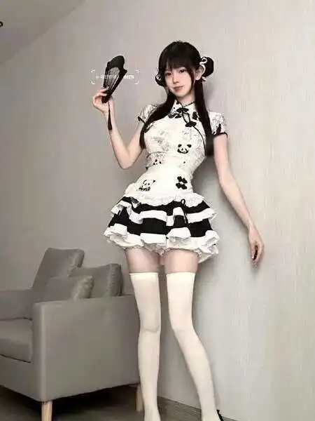 Sexy Maid Sex Anzug Uniform Cheongsam Nette Chinesische Panda Drucken Uniform Kleid Elegante Mode Süße Frauen Mini Kleid Top I5IX