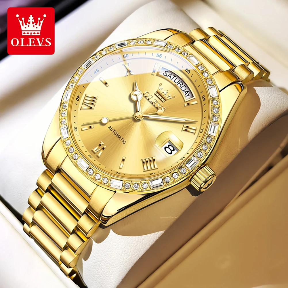 

OLEVS 6747 Роскошные часы с бриллиантами, водонепроницаемые, светящиеся, из нержавеющей стали, автоматические механические часы для мужчин