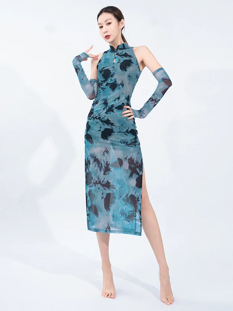 Costume de scène Kpop Slim Fit pour femmes, robe de danse classique, teinture par nouage, Sexy, Samba Latin, col montant, Cheongsam fendu pour adultes