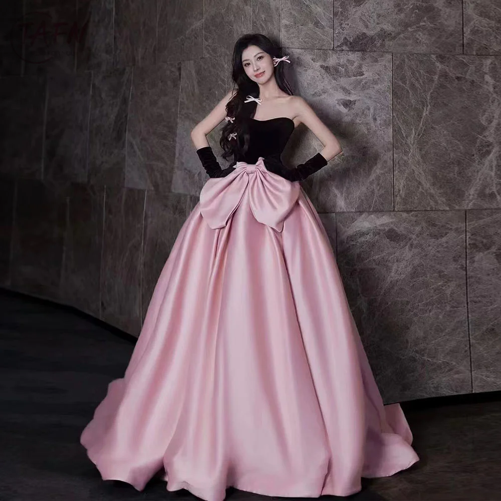 

TAFN Korea Contrast Color Wedding Dressses Strapless Bow A-line Bridal Ball Gown Elegant Lovely Wedding Reception Dresses