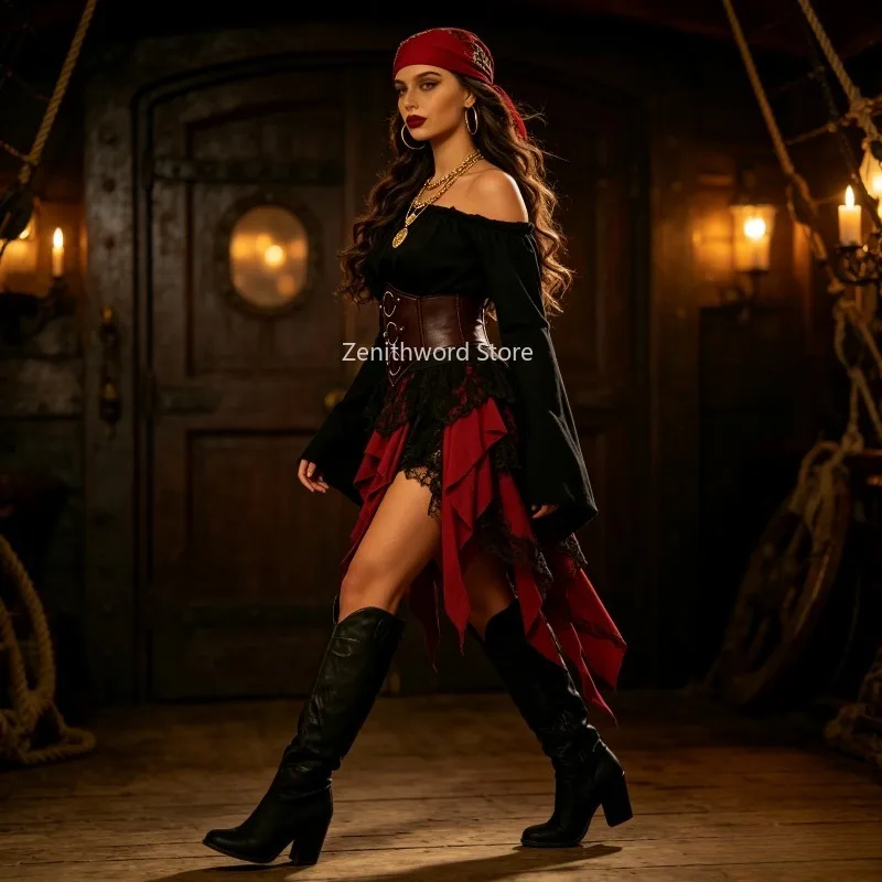Ensemble complet sur le thème de la marinière : Blouse épaules dénudées, jupe superposée, corset et harnais pour costume de performance de gala