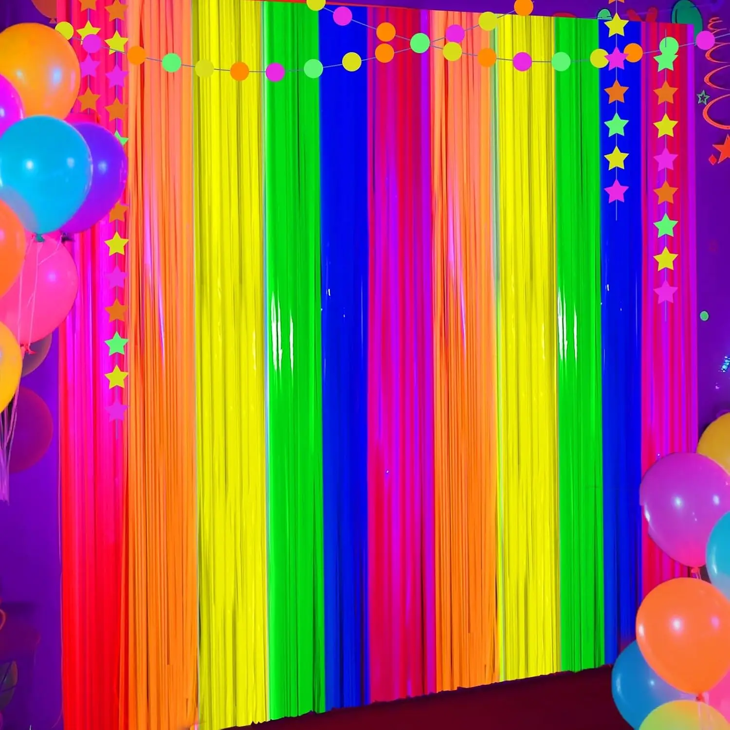 Im Dunkeln leuchtender Folien-Fransenvorhang, Regenbogen-Fluoreszenz-Tinsel-Hintergrund, Neon-Leuchtstreifen für Geburtstags- und Hochzeitsfeierdekoration