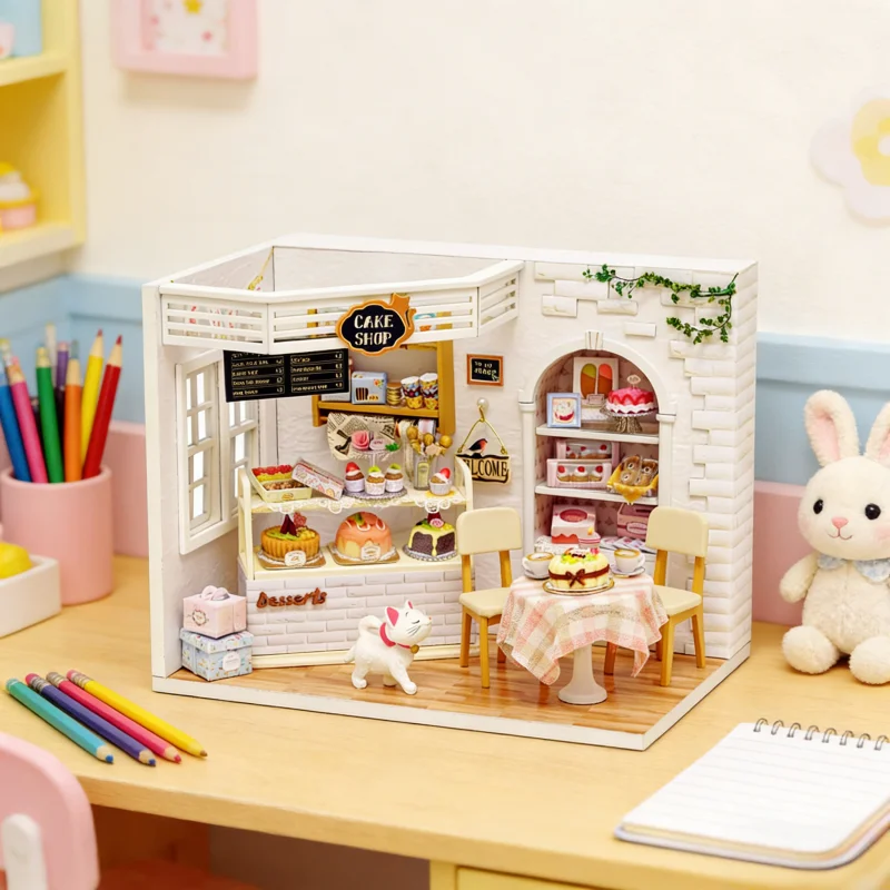 OUZEY Zoete Bakkerij Poppenhuis DIY, 3D Houten Miniatuur Cake Shop, Creatief Verjaardagscadeau voor vriendin en tieners