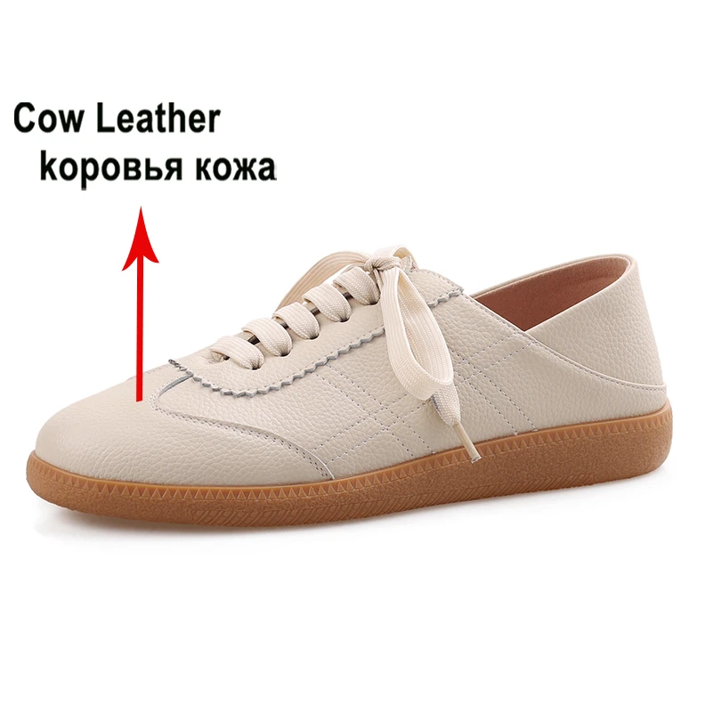 Meotina Women Genuine Leather Sneakers Round Toe Flats Lace-up Concise Ladies Fashion Casual Shoes Spring Autumn White Apricot