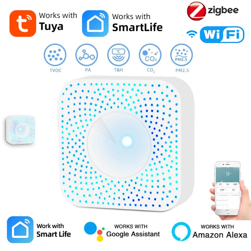 Tuya ZigBee/WiFi Air Quality Detector PM2.5 Formaldehyde VOC CO2 Temperature Humidity 6in1 Smart Air Box Sensor Via Alexa Google