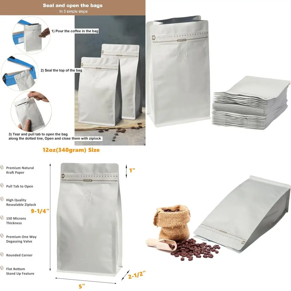 

Многоразовые стоячие пакеты для кофе с боковыми складками и застежкой-молнией, 12 унций, упаковка 100 шт.