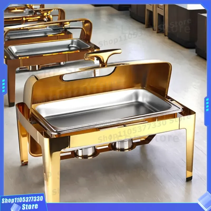 Rectangular Stainless Steel Gold Thermal Insulation Pot Buffet Set with Gas Roller Cover for Hotel Restaurant Serving Plate