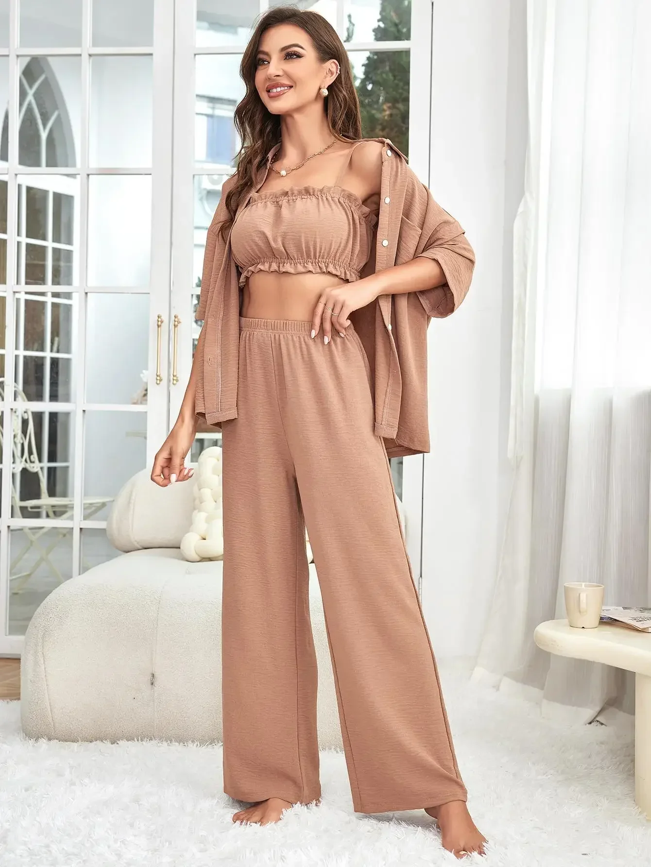 Half Sleeves Women Pajama Set 3 Piece Ruffle Trim Bra & Full-Length Pants & Button Top 3 Pieces Sleepwear Solid Nightwear