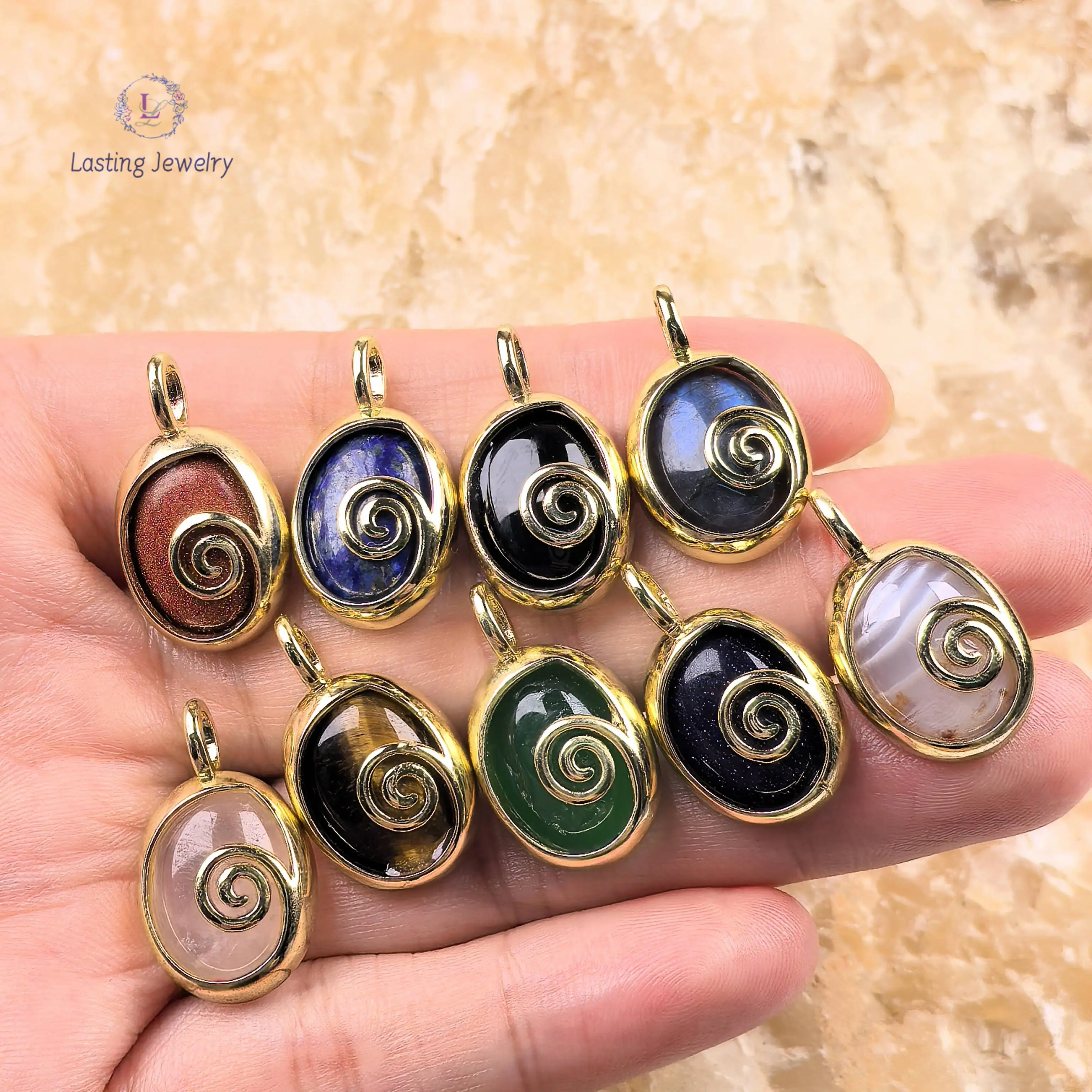 

Gold Plated Thread Bezel Oval Gemstone Charms,Crystal Lapis Rose Quartz Aventurine Obsidian Pendants For Necklace Jewelry Making