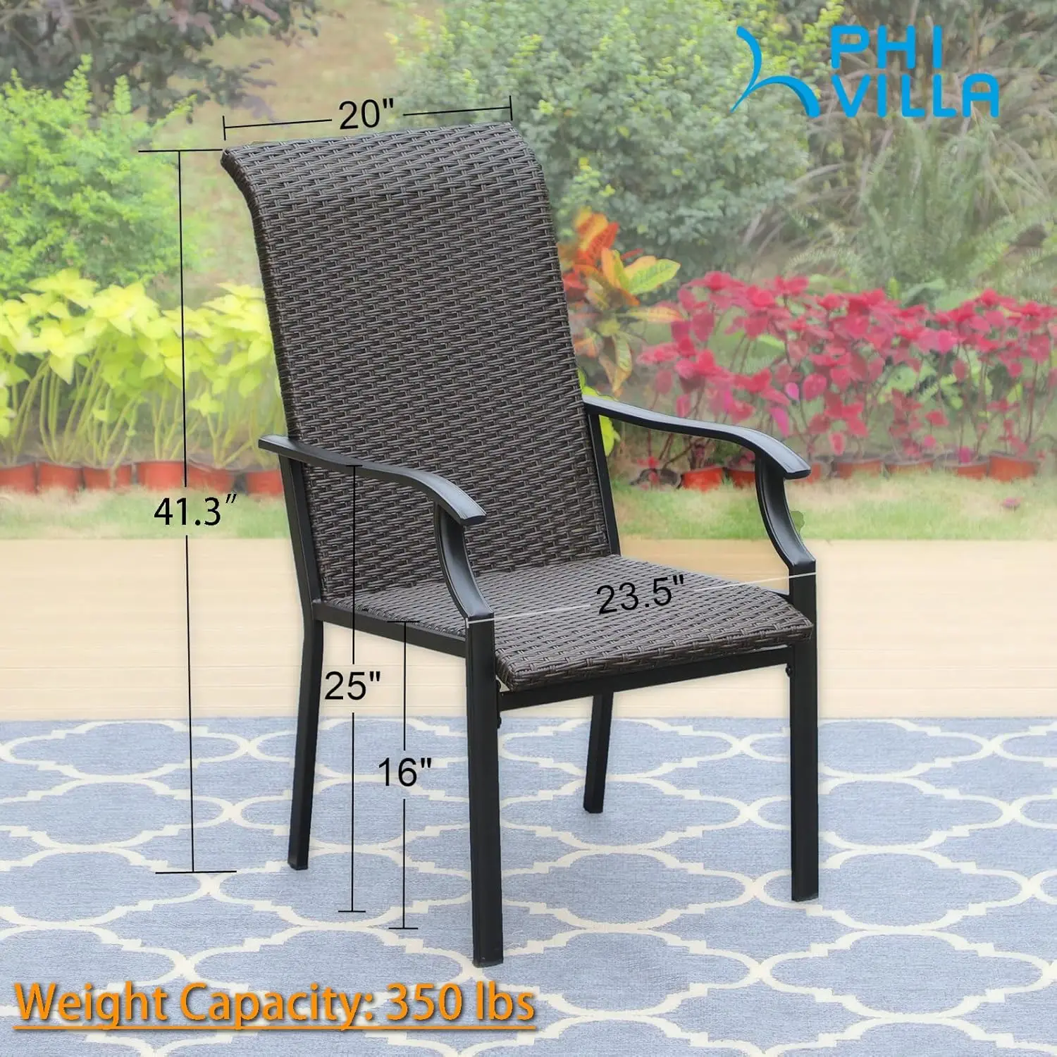 Outdoor Rattan Dining Chairs Set of 4, Extra Large High Back Wicker Armchairs with Steel Frame