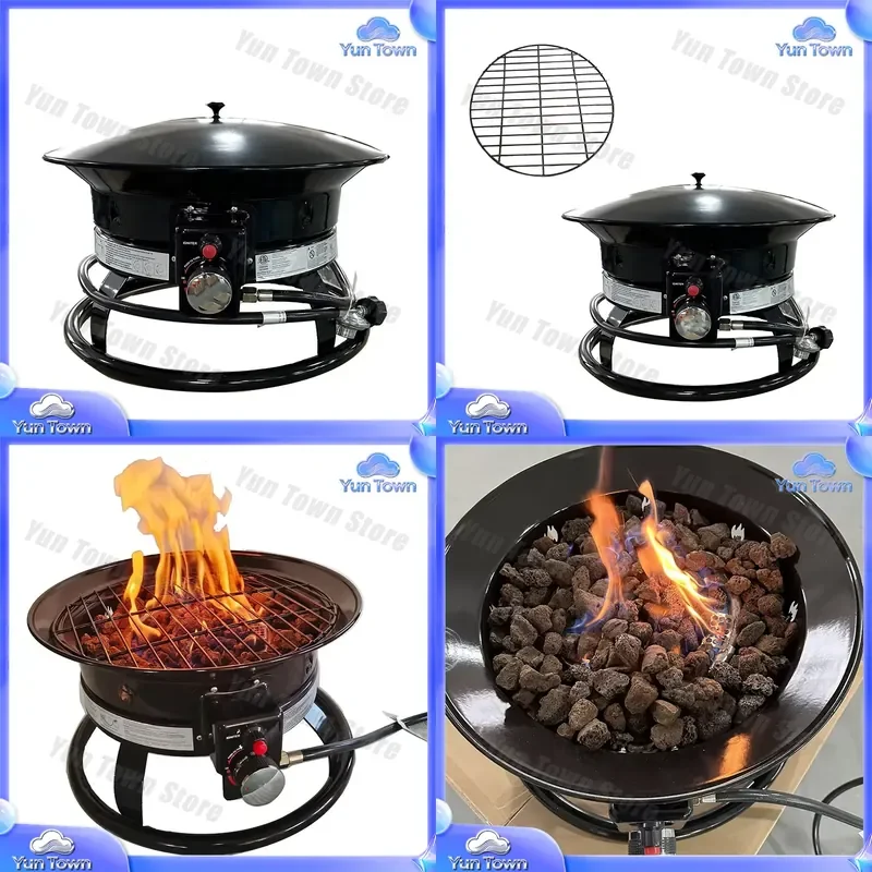 Portable Gas Fire Pit for Outdoor Use 19 inch 21 inch Diameter with Grill Grid Volcanic Rock Adjustable Flame Firepit for