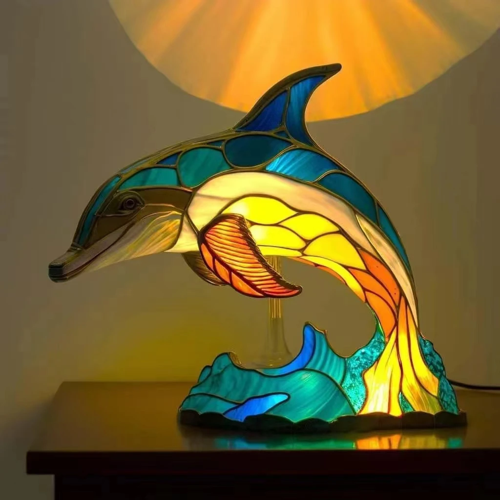 Dolphin Figurine Built In Electronic String Light Animal Table Lamp Resin Sculpture Desktop Ornament For Home Office Decoration