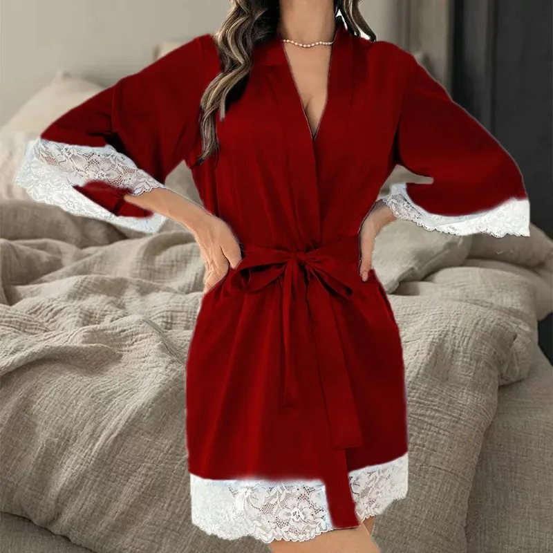 2025 nuove signore elegante abito in raso pizzo kimono corto indumenti da notte camicia da notte scollo a V con cintura pigiama da sposa regalo damigella d'onore