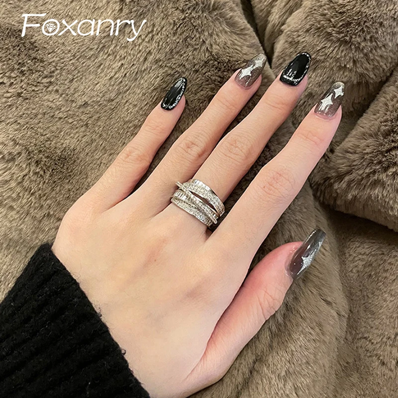 Foxanry 1 PC Sparkling Zircon Cuff Ring For Women Couples Vintage Romantic Lines Crossed Hollow Geometric Wedding Bride Jewelry