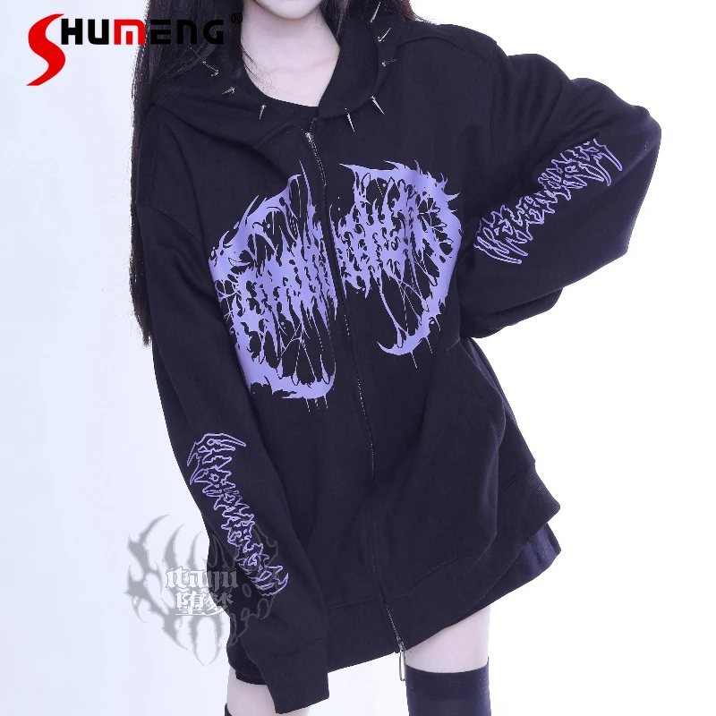 

Black And Purple Printed Hooded Long Sleeves Sweatshirt Ladies Subculture Japanese Rojita Mass-Produced Goth Zipper Hoodies Coat