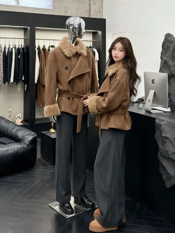 

Ретро-пальто в стиле «леди», с поясом, из шерсти, верхняя одежда, маленький размер, модный тренд, зимний стиль для повседневной носки