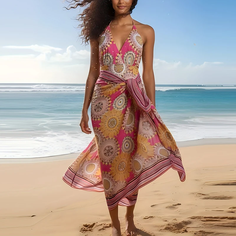 

Hawaii Holiday New Slim Swimsuits Sets Sexy Halter Sleeveless Bodysuits&Half Skirts Bikini Sets Summer New Printed Vacation Sets