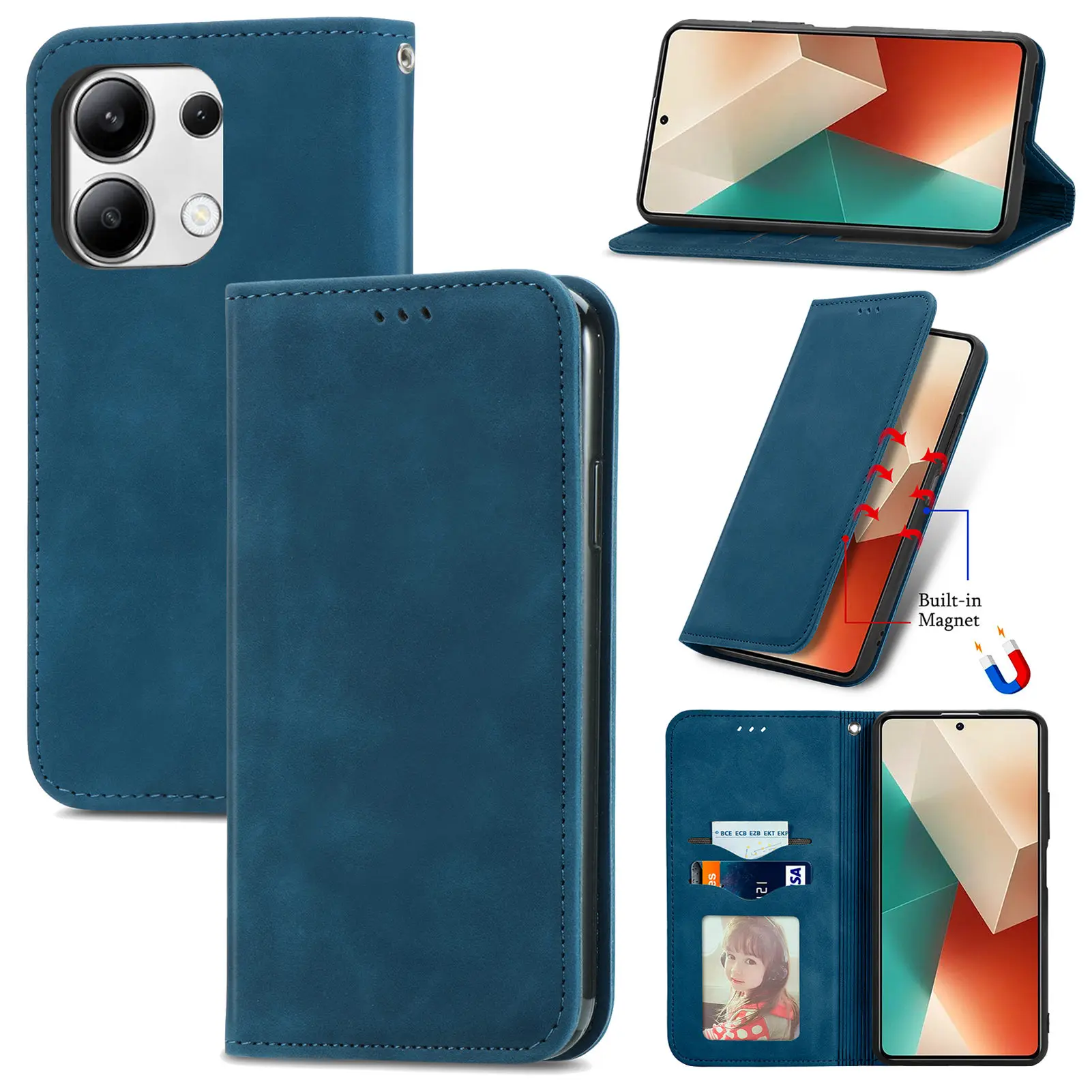 Luxury Skin Feel Leather Card slot Back Cover For Xiaomi Redmi Note 13 4G 5G 13 Pro 4G 5G 3 Pro+ Magnetic closed shockproof Case